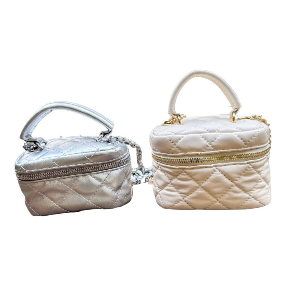 2PC Mini Quilted Vanity Case Bag Lot Silver Ivory Micro Crossbody Chain Purses